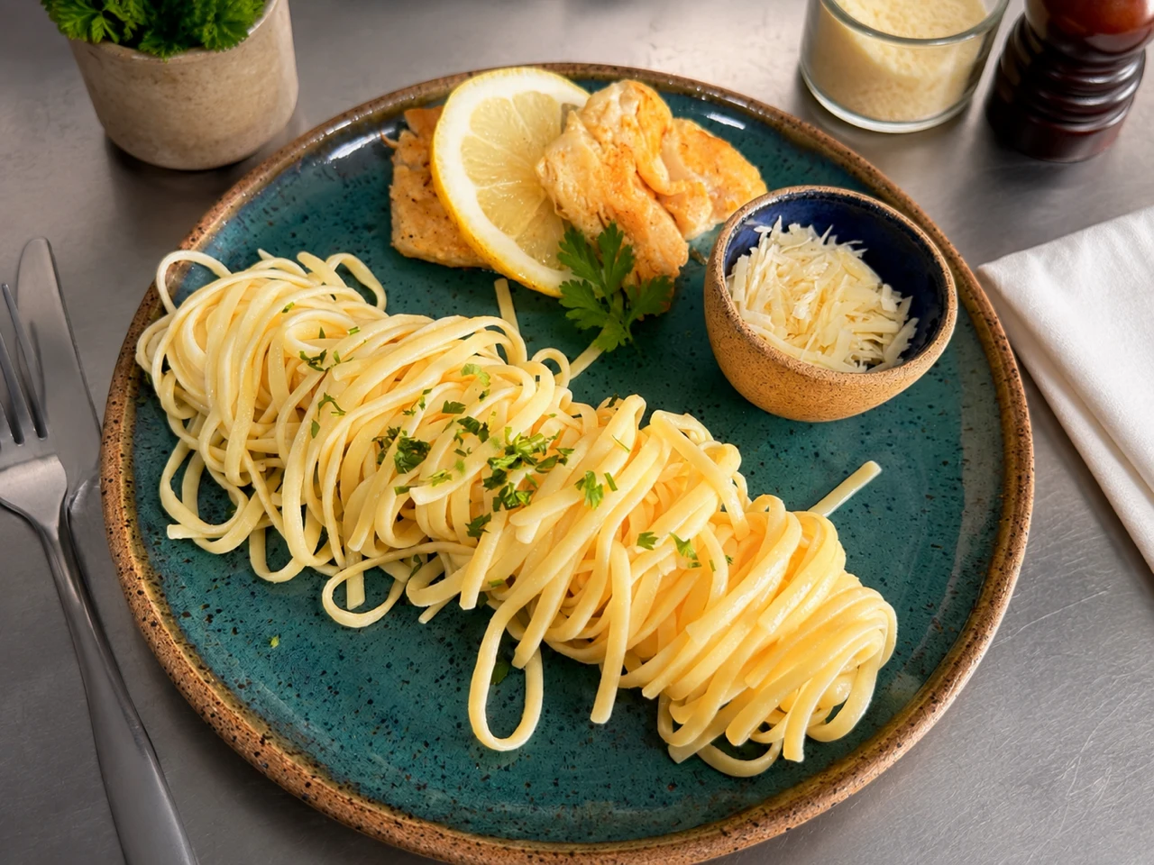 Merluza no limão com fettuccine na manteiga